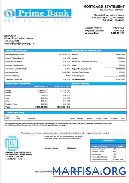 Blank Kenya Prime Bank mortgage statement Word and PDF template